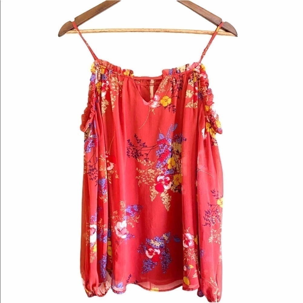 Doe & Rae Cold Shoulder Red Floral Print Blouse - Picture 1 of 11